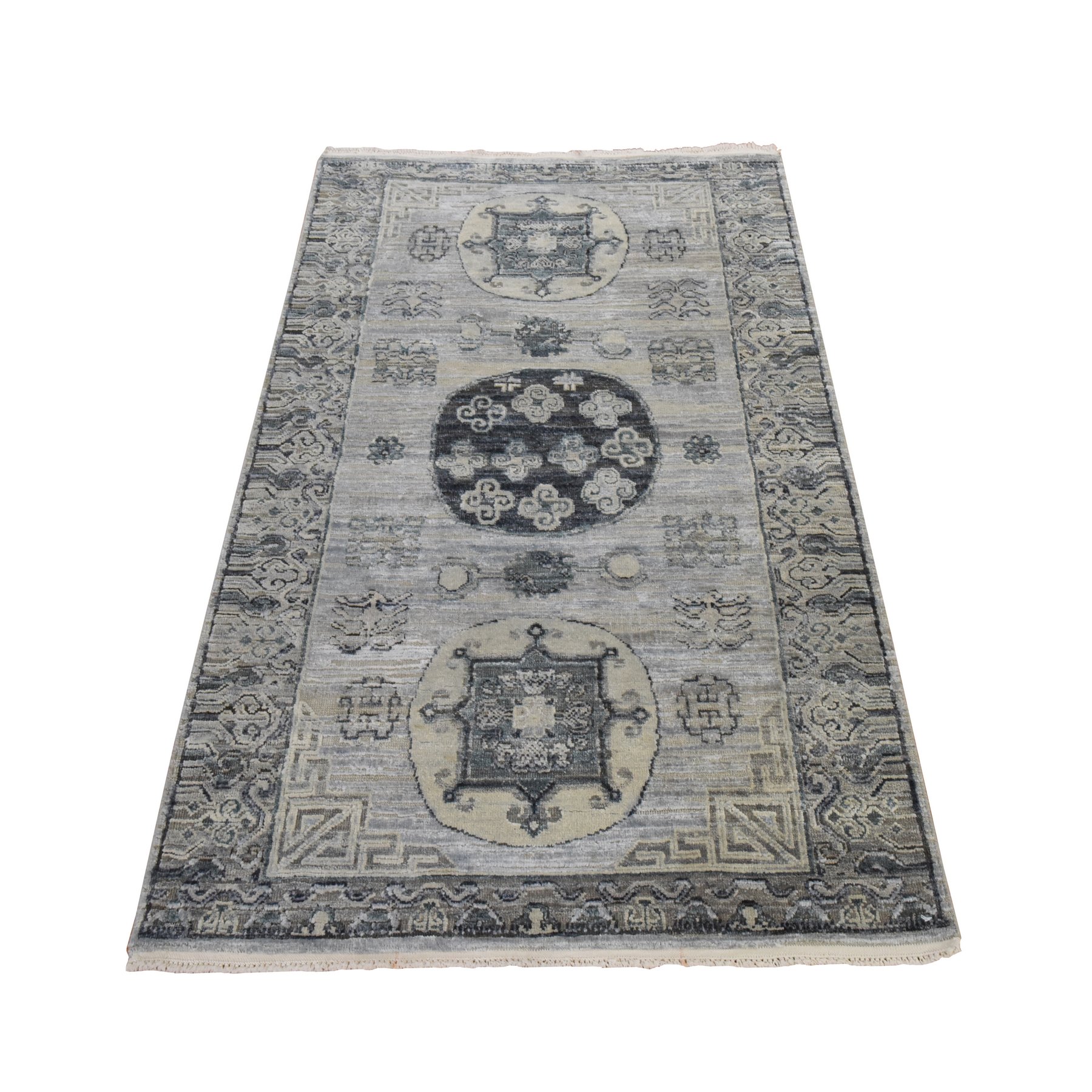 3'x5'2" Spanish Gray, Khotan Design with Geometric Medallions, Pure Silk with Textured Wool, Hand Knotted, Oriental Rug 